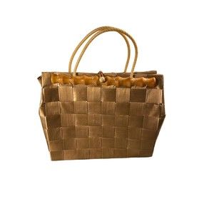 Vintage Wooden Woven TOTE Natural Wood Detail Button/Loop Close Made in Italy